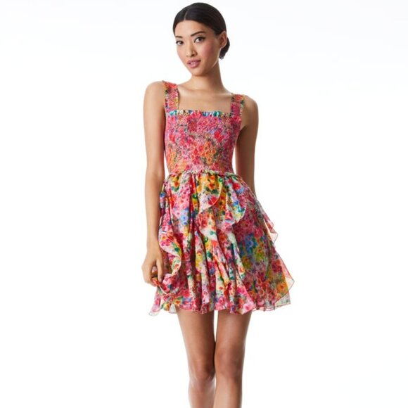Alice + Olivia Jocelyn Smocked Mini Dress in Garden Floral Size 0